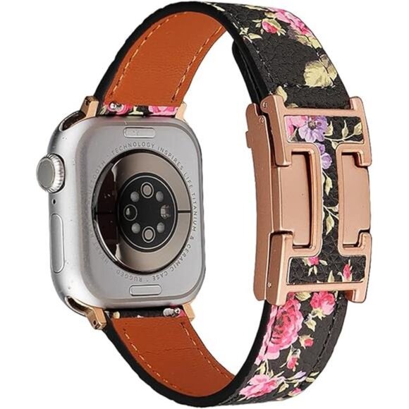 NEW Floral/Rose Gold Leather Apple Watch Band - Picture 5 of 5